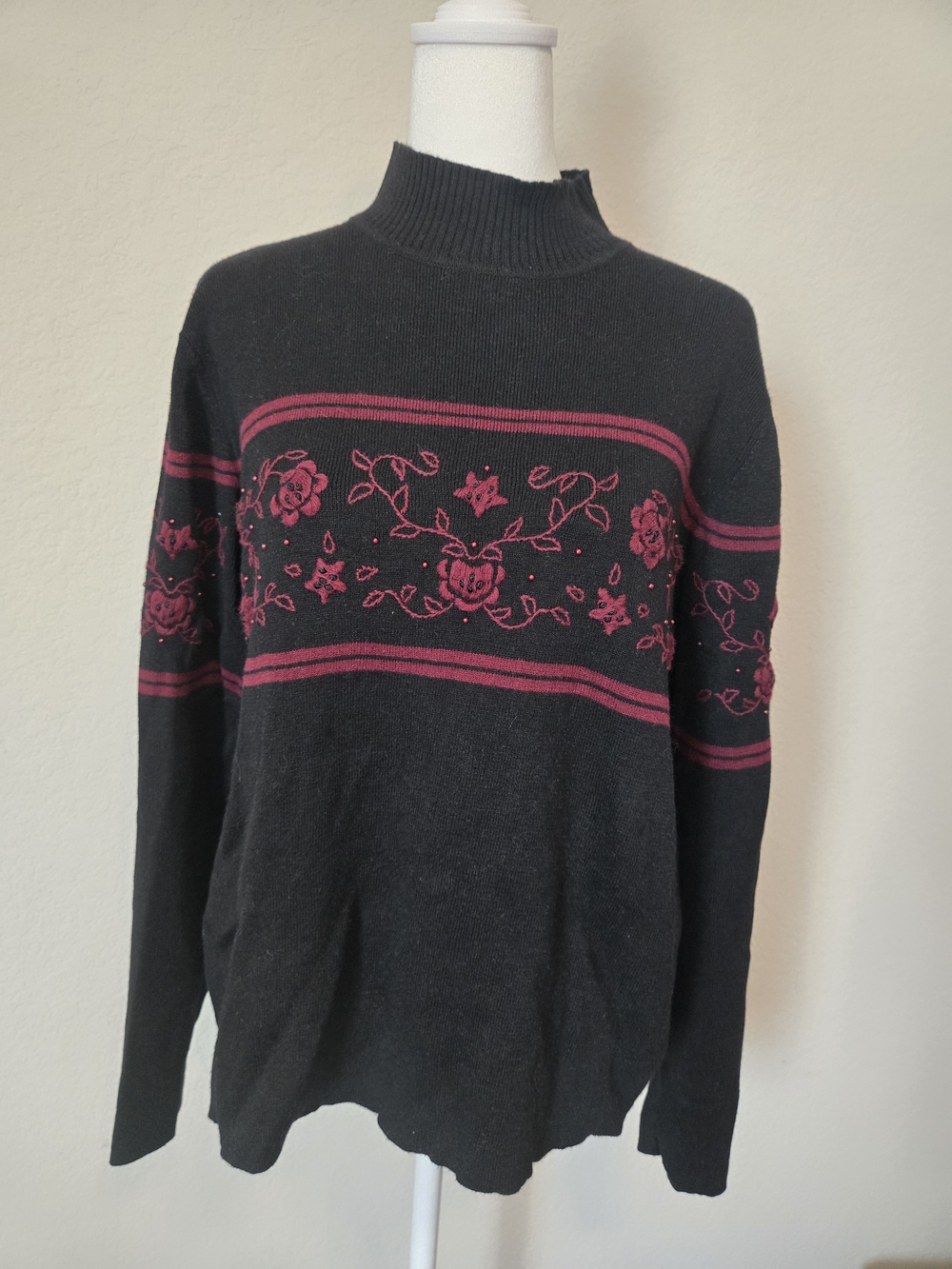 Christopher & Banks Black Sweater with Burgundy Floral Stripe